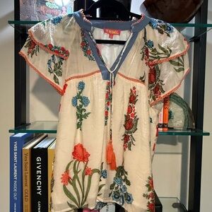 THML Embroidered Floral Blouse - Cream and Blue S006